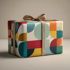 Geometric gift wrap box on neutral tabletop, modern holiday packaging