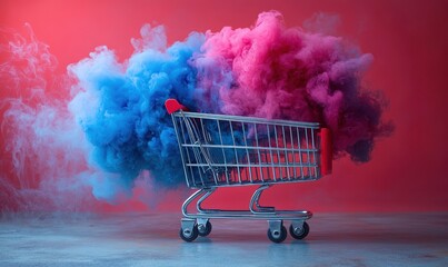 A small shopping cart surrounded by vibrant pink and blue smoke clouds against a bold red backdrop.  A studio shot