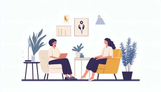 A therapist sits across from a client in comfortable armchairs in a modern office setting with indoor plants and minimal artwork.