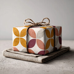 Geometric gift wrap box on neutral tabletop, modern holiday packaging