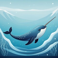 Bright narwhal swims gracefully in deep blue ocean waters, showcasing its iconic tusk and vibrant surroundings