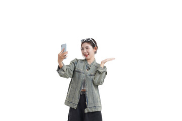 Captivating Selfie Moment: A stylish person captures a selfie with a mobile phone, dressed in a modern outfit. Embracing technology and fashion, it's a snapshot of contemporary self-expression.
