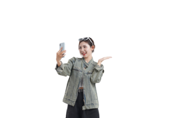 Captivating Selfie Moment: A stylish person captures a selfie with a mobile phone, dressed in a modern outfit. Embracing technology and fashion, it's a snapshot of contemporary self-expression.