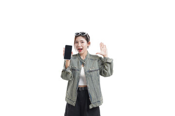 Tech-Savvy Woman: An excited woman presents her mobile phone, showcasing innovative technology, stylish attire and a sense of connection.