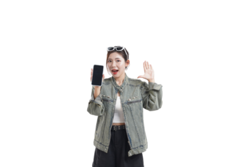 Tech-Savvy Woman: An excited woman presents her mobile phone, showcasing innovative technology, stylish attire and a sense of connection.