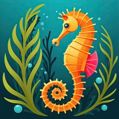 Colorful seahorse swimming among vibrant underwater plants in a serene ocean environment