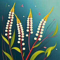 Colorful botanical illustration featuring yellow and white flowers with green leaves and pink butterflies in a serene backdrop