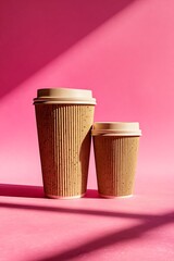 Two coffee cups of different sizes on a pink background with a shadow casting across the surface