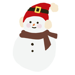 Cute snowman with Santa hat and brown scarf, festive Christmas holiday illustration,