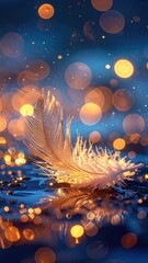 Soft white feather on water, glowing bokeh