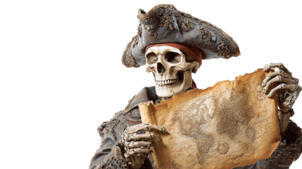 Pirate skeleton with antique map isolated on transparent background