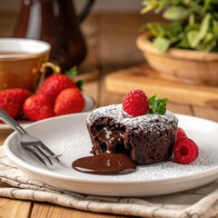 Chocolate lava cake topped with raspberries and powdered sugar, served on a white plate, with a cup of tea and fresh strawberries in the background