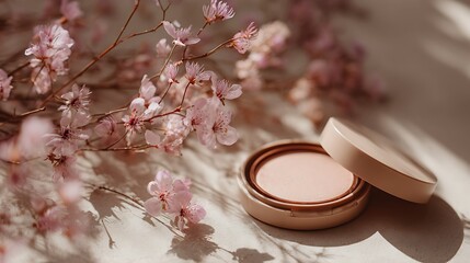 Cosmetic powder compact with lid next to blooming cherry blossoms on a marble surface in soft light