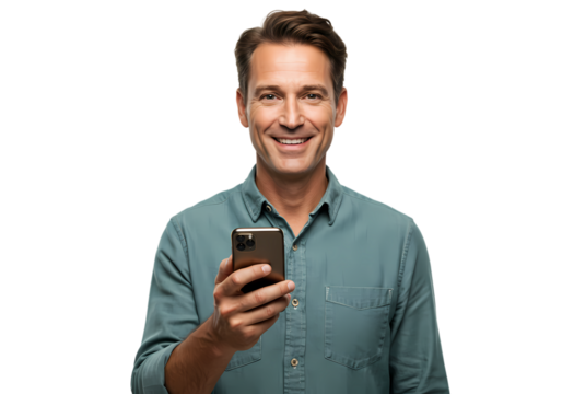 Smiling Man Using Smartphone, Studio Shot, Casual Attire, Technology, Communication, Connection isolated on transparent background