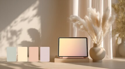 Tablet with stylus and color swatches in a neutral toned setting with pampas grass and soft light
