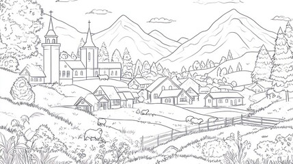 Obraz premium Line drawing mountain village
