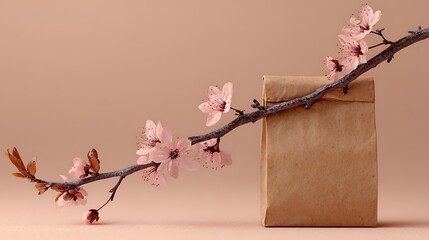 A branch with pink blossoms draped over a brown paper bag on a soft peach colored background scene