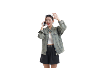 Engaging Conversation and Greeting: A vibrant woman, engrossed in a phone conversation, raises her hand in a welcoming gesture, captured in a photorealistic moment.