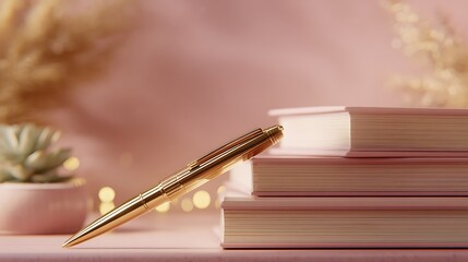 A golden pen resting on a stack of books with a pink succulent and background decoration