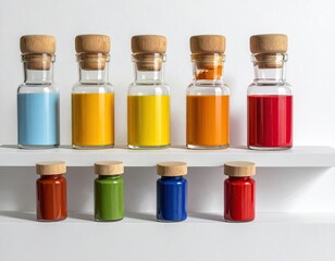 Row of small glass bottles, various colors, wooden caps, on a white shelf