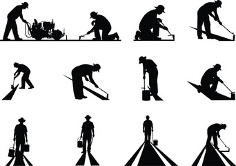 Silhouette, Roadwork, Painting, Marking, Worker, Brush, Roller, Manual, Machinery, Asphalt, Lines, Process, Action, Labor, Street, Surface, Equipment, Task, Blackwhite, Grid