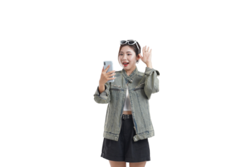 Virtual Connection: A cheerful individual embraces the world through a virtual interface, radiating excitement while engaging in a video call or virtual interaction. 