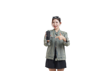 Digital Display: A woman of asian descent joyfully presents a digital device showcasing a screen. This image speaks to technology, and a touch of style and a sense of the modern age.