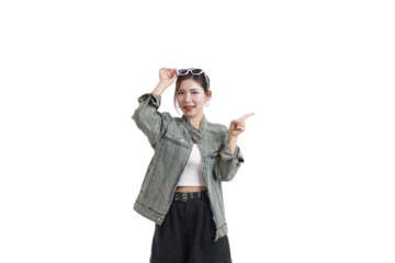 Enthusiastic Traveler: An animated woman, dressed in trendy attire and accessorized with sunglasses, points with excitement towards a bright future and endless possibilities.