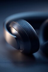 A close up shot of a sleek black headphone with a textured earcup and metallic arm detail on a dark surface