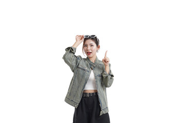 The Discovery: A young woman, energized and pointing upwards, holding glasses with a look of surprise and insight. An embodiment of curiosity and fresh perspective.