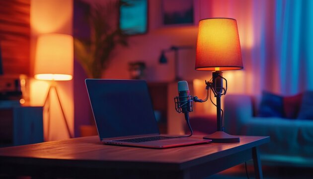 A laptop computer sits next to a microphone on a table with a lamp in a dimly lit room at night.