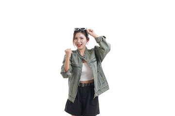 Joyful Gesture: An expressive female in casual attire, radiating delight while posing for a studio shot.