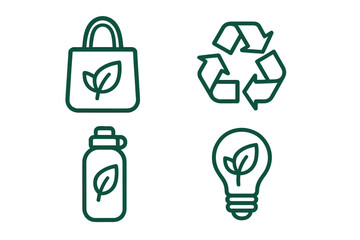 Eco friendly line icon set. Green ecology symbols for sustainability, environmental conservation. Recycle sign, reusable bag, bottle, green energy lightbulb. Zero waste life.
