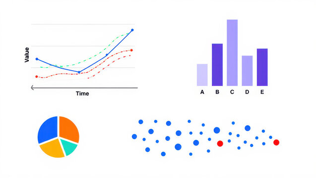 Dynamic data visualizations including line graphs, bar charts, pie charts, and scatter plots for modern business analysis.