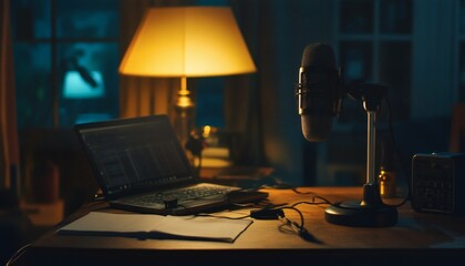 A dimly lit wooden desk holds a laptop, notebook, microphone on a stand, and audio interface, suggesting a home recording studio.