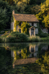 Illustration Stone House in a Lush Green Forest