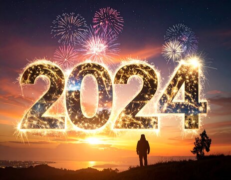 Silhouette figure watches New Year's fireworks