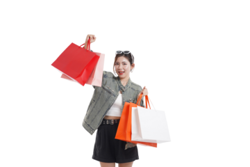 Shopaholic's Haul: A joyful individual gleefully showcases vibrant shopping bags, embodying the thrill of retail therapy and a delightful shopping experience.