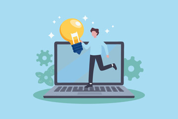 Man holding a bright idea light bulb emerging from a laptop screen with gears and sparkles