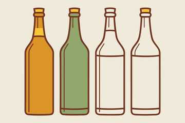 Four stylized bottles with brown outlines on a cream background one amber one green two clear glass container