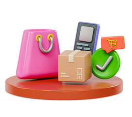 Online shopping concept with shopping bag, delivery package box. 3d rendering