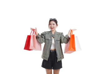 Shopaholic with Joy: A woman revels in her shopping spree, joyfully flaunting the bags filled with treasures and items, showcasing a perfect moment of retail therapy.