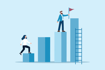Fototapeta premium Business people climbing bar chart representing growth and success with a flag at the top goal