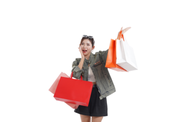 Shopping Spree: A cheerful shopper, holding several shopping bags, expresses pure joy after a successful spree, showcasing fashion, lifestyle, and the allure of retail therapy. 