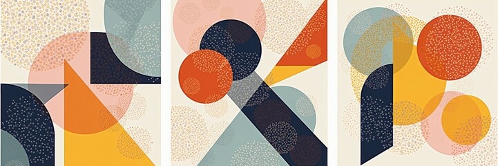 A vibrant graphic design featuring overlapping geometric shapes in a variety of warm and cool colors, creating a dynamic and visually engaging composition.