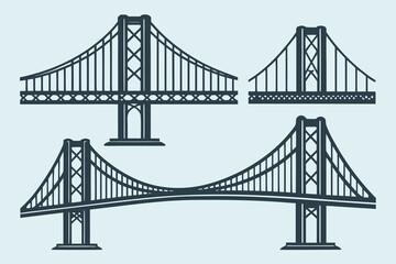 Obraz premium Four dark blue suspension bridge silhouettes on a light blue background vector