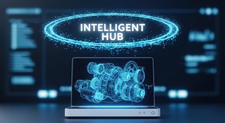 Blue digital schematic of mechanical components displayed on a laptop screen with Intelligent