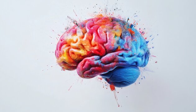 The image shows a human brain model covered in vibrant red, blue, and yellow paint splatters against a white background.