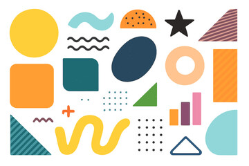 Big set of colorful modern graphic elements. Abstract geometric shapes, trendy memphis style doodles, and textures for creative digital projects. Vector illustration kit.