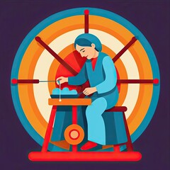 Artisan crafting pottery on a wheel with vibrant backdrop in a cozy workshop setting